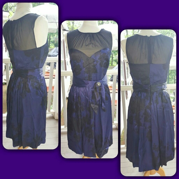 Badgley Mischka Mesh Illusion Silk Formal Dress w/sash broach floral Print